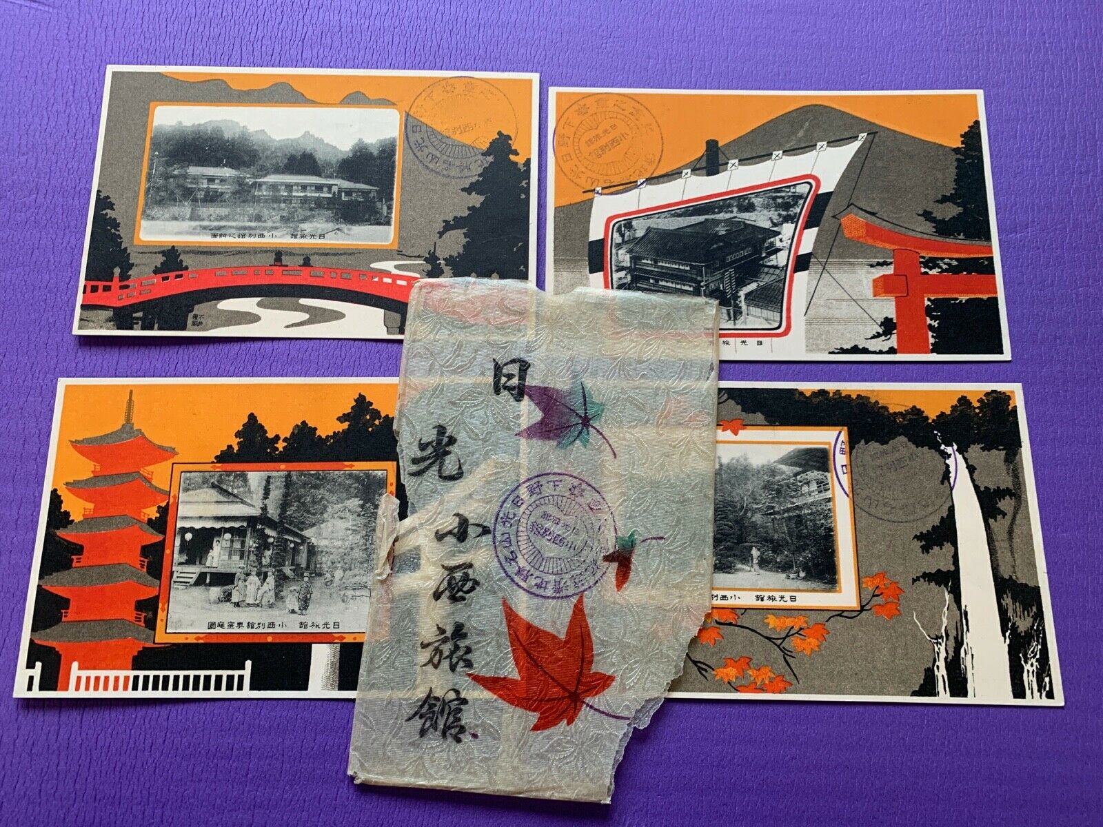 Japan Antique Art Postcard 4 X Nikko Konnishi Ryokan Geusthouse Autum Scene