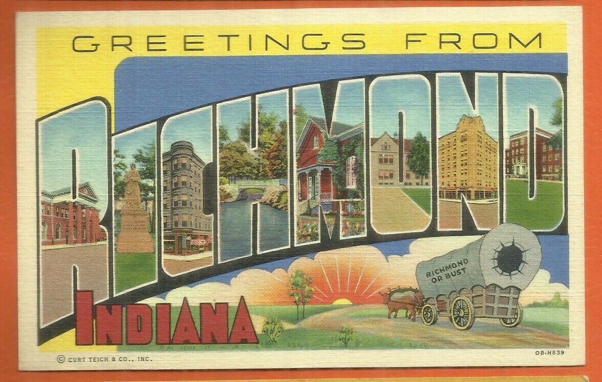 Greetings From Richmond, Indiana/ Large Letters/ Bldgs/ Covered Wagon/linen Pc